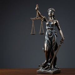 Full shot of bronze Lady Justice statue, blindfolded woman symbolizing justice, detailed and high quality composition