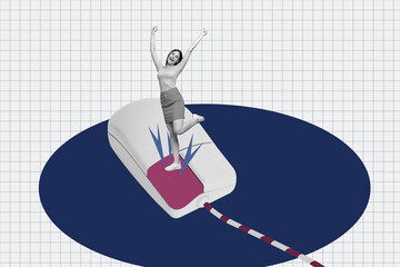 Poster pop collage of person stand win big computer mouse on blue color background