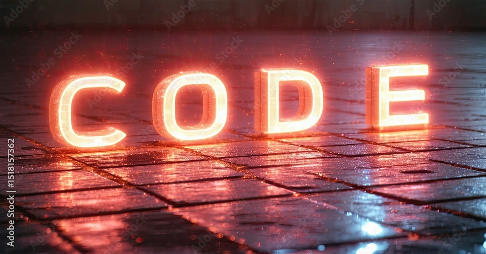 Aufkleber bright neon letters spell code on wet pavement. red glow illuminates surrounding tiles, creating dra