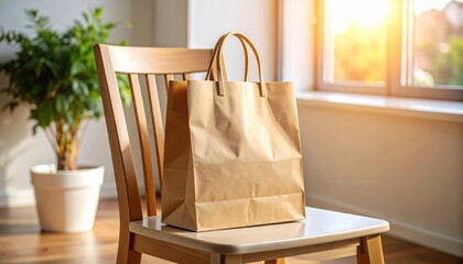 Eco-Friendly Shopping Bag: A sustainable paper shopping bag sits on a wooden chair bathed in natural light, signifying conscious consumerism and a commitment to reducing environmental impact.