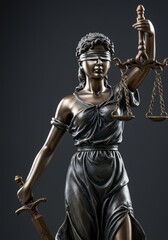 Fototapeta premium Full shot of bronze Lady Justice statue, blindfolded woman symbolizing justice, detailed and high quality composition