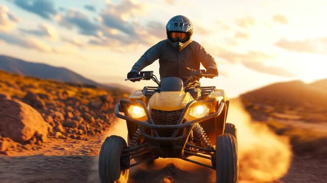 Adventurous rider on yellow all terrain vehicle with helmet on rocky dirt trail at sunset, off road adventure through mountain landscape capturing thrilling motion and excitement