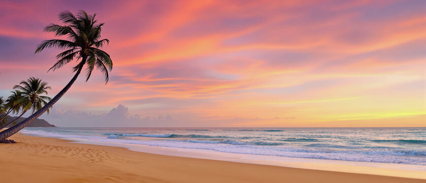 A tranquil, tropical beach scene at sunset.