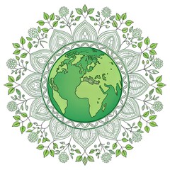 Green earth globe in a floral mandala design for environmental conservation projects