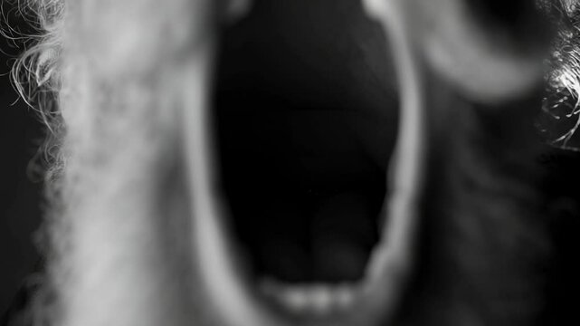 Mad shaggy old man expresses strong surprise screams zoom in crazy man's mouth