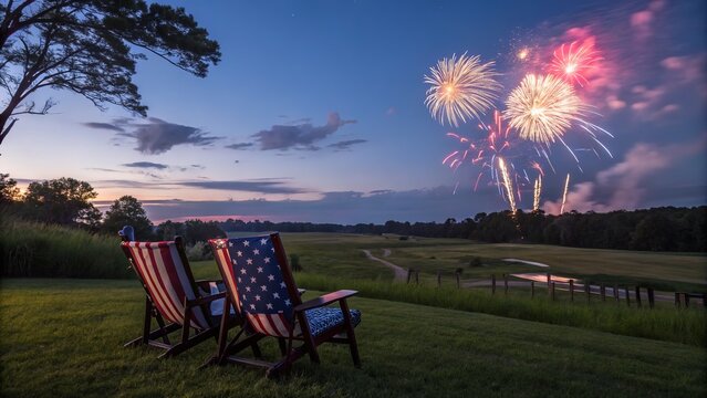 Fourth of July celebration with fireworks exploding over a golf course at sunset.
