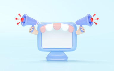 3D Computer monitor store front with hand holding megaphone isolated on blue. announce promotion news for social media networks, online marketing shopping concept, cartoon style.3d render illustration
