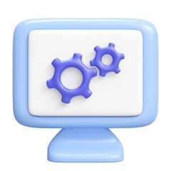 3d Computer monitor cartoon with gear isolated. minimal design, 3d illustration render.