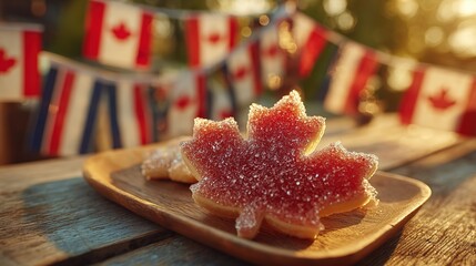 Fototapeta premium A red maple leaf cookie on a wooden plate with sugar crystals, Canadian flag bunting behind; celebrating Canada Day with sweet tradition.