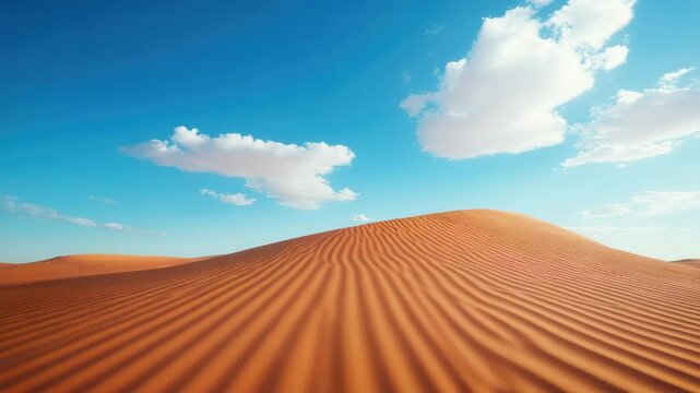 Desert sand dune with rippled texture and ripples under bright blue sky with scattered white clouds, creating peaceful and expansive natural outdoor landscape scene of nature