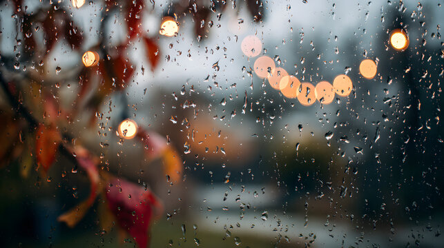 Close-up of raindrops sliding gently down foggy window with blurred autumn leaves and bokeh string lights outside
