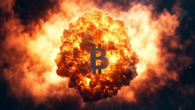 Bitcoin symbol engulfed in fiery explosion with bright flames and smoke, representing digital currency energy, burning cloud, and dramatic finance technology impact in market