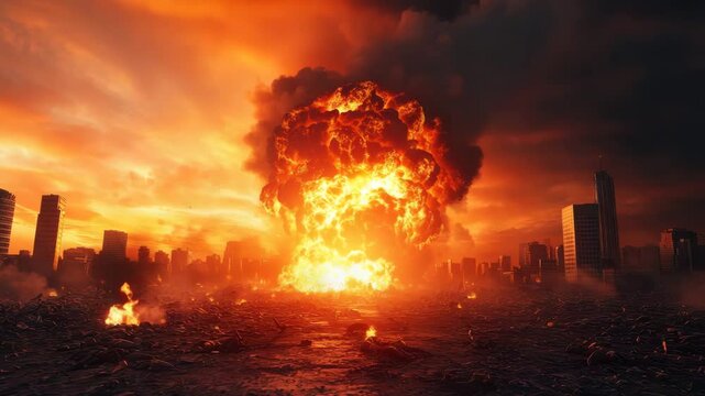Nuclear explosion cityscape fireball destruction apocalypse dark sky disaster burning smoke urban area fiery blast mushroom cloud urban devastation aftermath catastrophic scene
