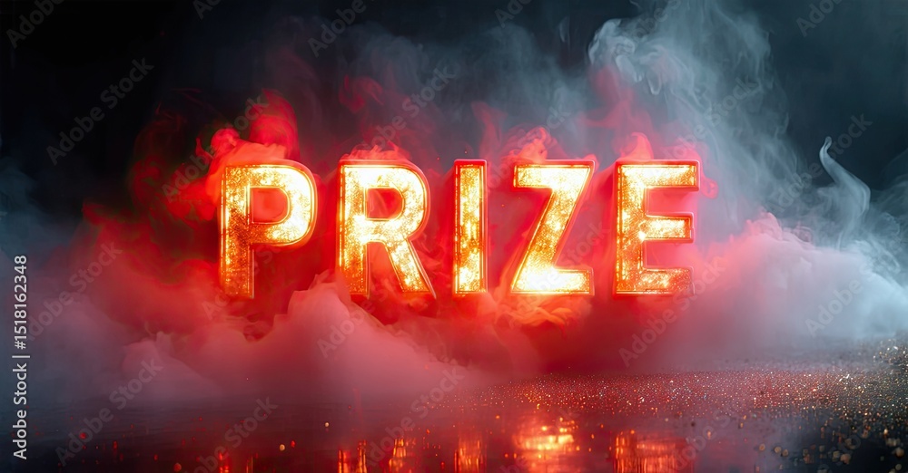 Aufkleber dramatic image displays glowing prize text. red, blue smoke creates intense atmosphere. reflections 