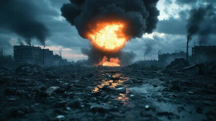 Nuclear explosion mushroom cloud destruction war zone fireball smoke ruins debris apocalypse disaster devastation dark sky battlefield chaos aftermath toxic blast danger emergency conflict urban - Powered by Adobe