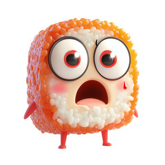 Shocked sushi mascot with big wide eyes, orange and white rice texture, cute character, emotional expression, isolated on transparency background