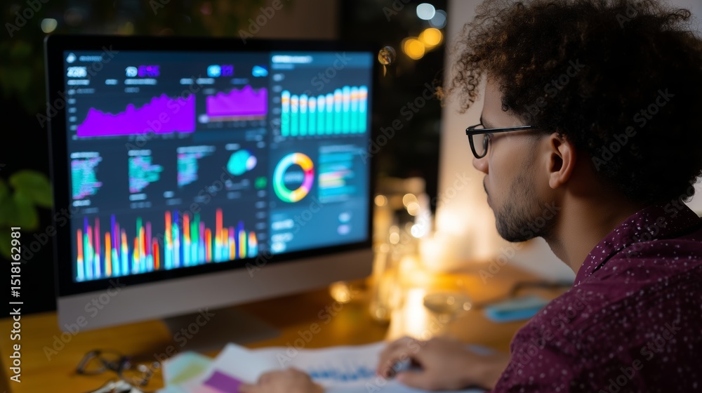 Poster data analyst working late at night with colorful charts and graphs displayed on a large computer mon