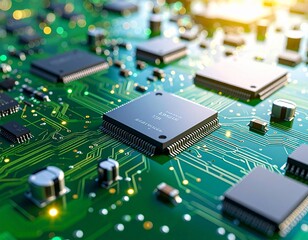 Circuit board close-up with electronic components, green PCB background, technology hardware, microchip details, every component sharp
