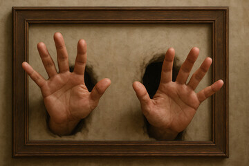 Surreal artwork of hands emerging from a framed canvas, creating a dramatic and thought-provoking visual, ideal for conceptual or artistic themes.