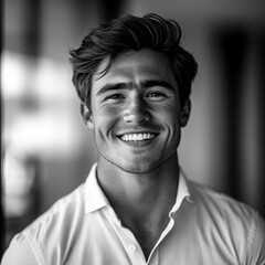 Smiling Young Man with Casual Shirt in Modern Indoor Setting