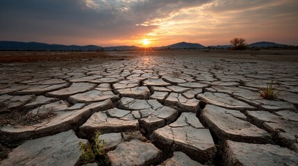 Cracked earth under the sun represents desertification climate change arid. AI generated