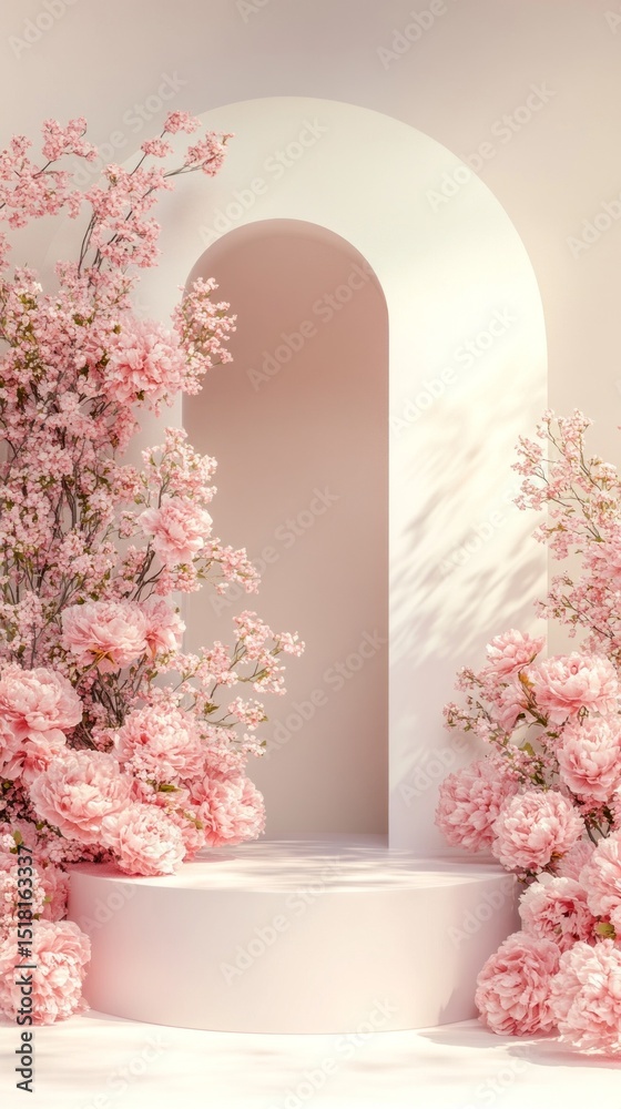 Poster delicate pink flowers surround a minimalist archway, creating a tranquil and inviting atmosphere. so