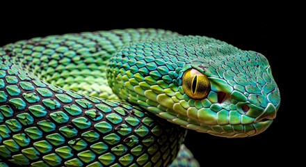 Fototapeta premium Vibrant Green Blue Snake Striking Yellow Eyes Intricate Scales Dark Background
