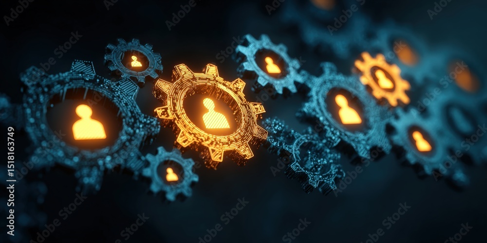 Poster digital gears with user icons symbolize teamwork, connectivity, and network integration in a tech-dr