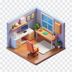 3D Office Homeroom Icon, Virtual Workspace, Home Office Design, Work from Home Setup, Creative Interior
