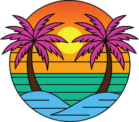Retro sunset illustration featuring palm trees on a tropical island beach scene for travel