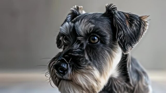 Cute schnauzer dog close up on gray background with wooden floor looking at camera, adorable puppy portrait concept with copy space footage.