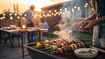 Delicious grilled kebabs are being prepared for a backyard barbecue on a summer evening.