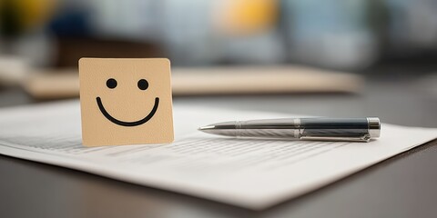 A smiley face on a sticky note sits next to a pen on a document, symbolizing positivity and productivity at work.