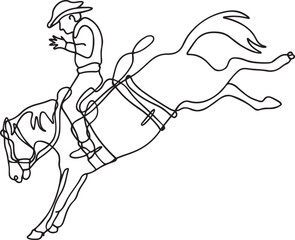 Cowboy bull riding bucking horse one line drawing, Western rodeo horse rider sketch
