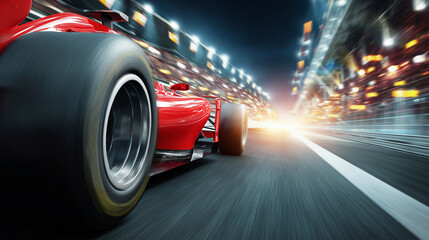 Fast moving racing car speeding on track with dynamic motion effect, showcasing speed and adrenaline of motorsport competition.