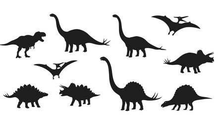 Collection of Black Silhouettes of Prehistoric Dinosaurs and Pterosaurs