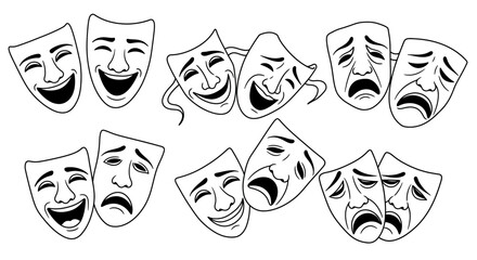 Collection of Comic and Tragic Theatrical Mask Illustrations