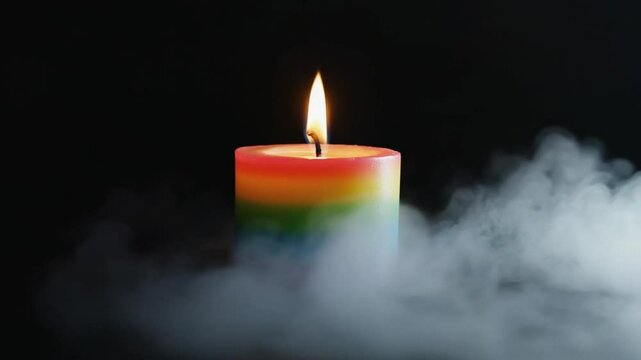 Rainbow candle burning bright in the darkness, smoke gently swirling