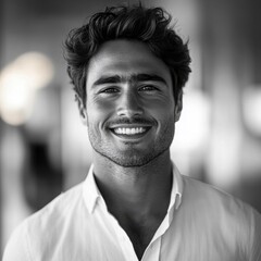 Young man smiling brightly in a modern indoor environment