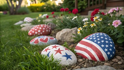 Decorative painted rocks display patriotic art in a front yard garden setting for a holiday.