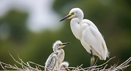 Fototapeta premium Young Sibling Egrets Nest Awaiting Parents Return Avian Wildlife Family