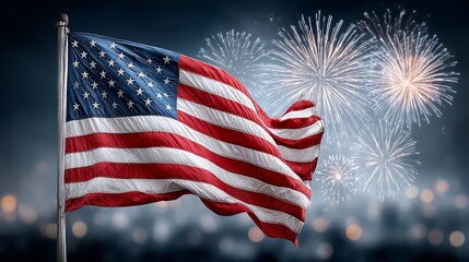 Close up the usa flag flapping in the wind at night with fireworks celebrated in the background