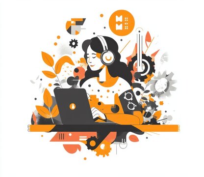 A stylized illustration of a woman with headphones, serenely working on a laptop amidst an abstract array of gears, leaves, charts, and technological symbols in an orange and gray color palette