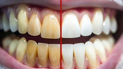 Dentist dentistry cosmetic surgery background - close-up of denture with teeth, before and after teeth whitening bleaching treatment