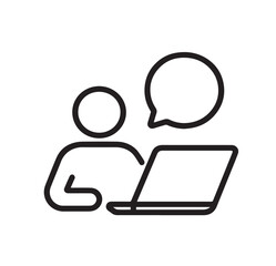 Minimalist Icon of Person Using Laptop with Chat Bubble in Line Art Style