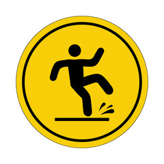 Wet floor. Slippery surface. Yellow circle sticker. Warning icon. Sign yellow. Circle label.
