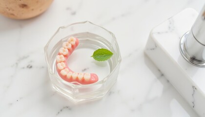 Unusual dental model placed in water with mint leaf on counter  