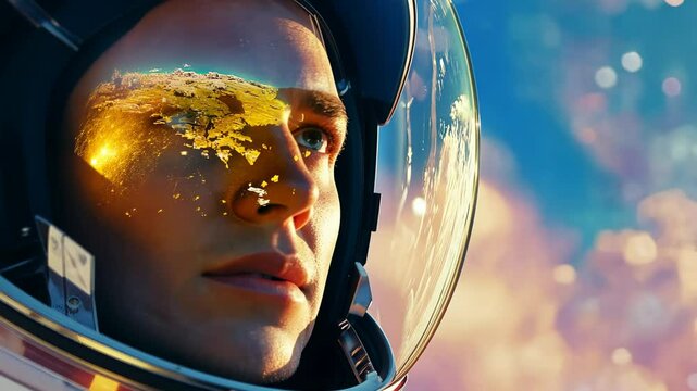 close up female astronaut stands on surface of mars with reflection of red planet in helmet. Space explorer on a mission