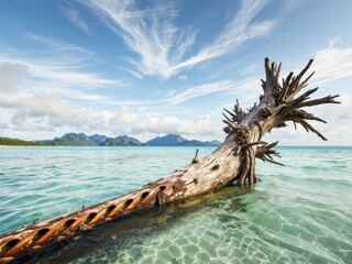 Obraz premium Serene Mountain Vista: Floating Log in Crystal Water