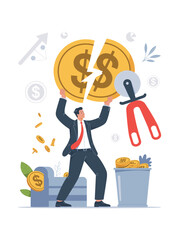 Businessman breaking a dollar coin with pizza cutter